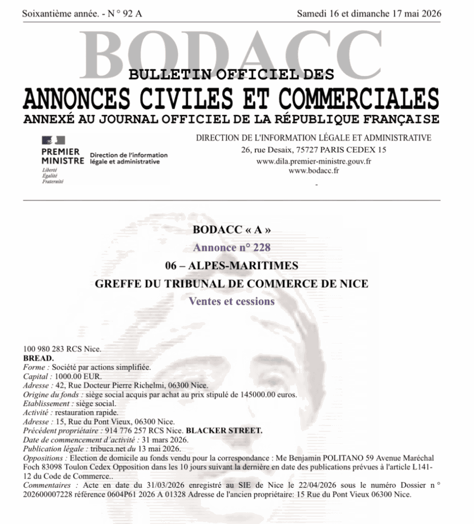 annonce bodacc de la cession maison blacker a nice