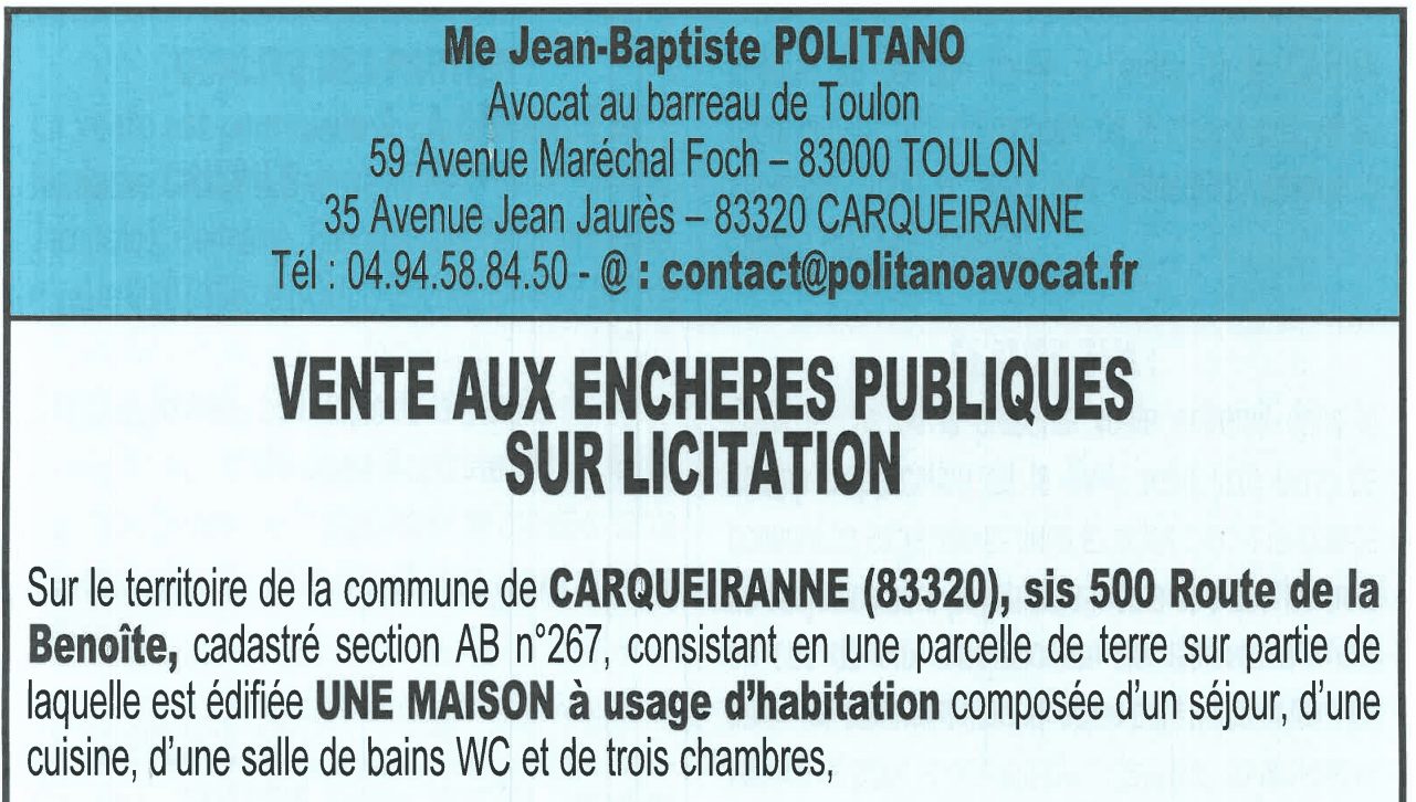 annonce vente aux encheres maison carqueiranne