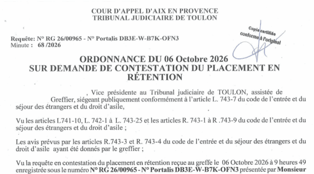 ordonnance de contestation de placement en retention administrative